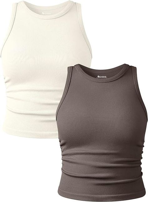 OQQ Women's 2 Piece Tank Tops Crew Neck Sleeveless Basic Stretch Casusal Yoga Crop Camis Tea Leaf Beige at Amazon Women’s Clothing store Beige Tank Top Outfit, Beige Tank Top, Tank Top Outfit, Safari Chic, Tank Top Outfits, Tea Leaf, Slim Fit Top, Womens Cami, Black Camis