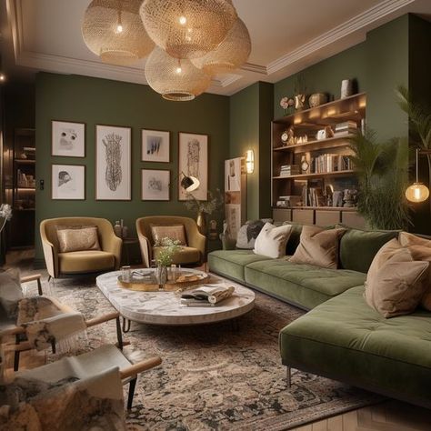 Dark Living Room Ideas, Green Walls Living Room, Dark Green Living Room, Green Living Room Decor, Dark Living Rooms, Green Walls, Ideas Living Room, Living Room Green, Design Living Room