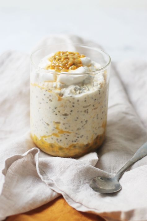 Passion Fruit Breakfast, Fruit Overnight Oats, Passionfruit Chia Pudding, Passion Fruit Overnight Oats, Mango Coconut Overnight Oats, Passion Fruit Chia Pudding, Passion Fruit Recipes, Passion Fruit Chia Seed Pudding, Pineapple Coconut Overnight Oats