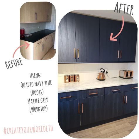 Who’s after a more dramatic look to their kitchen? Try Quadro in navy blue, we offer 6 x 67.5cmx1.5m rolls for only £40 enough to do 12 standard doors or an average size kitchen, that’s a NEW LOOK KITCHEN for £40!!!! Crazy 🤪 more colours available, please check our website and search QUADRO for this  premium vinyl! #dcfix #stickybackplastic #vinylwrap #vinylfilm #kitchenmakeover #navykitchen #navykitchencabinets #doorwrap #kitchenupdate #diy #diyonabudget #vinyladdict #homedecor #diyhomedecor Dc Fix Kitchen, Vinyl Wrap Kitchen, Plastic Kitchen Cabinets, Diy Cupboards, Budget Kitchen Makeover, House Upgrades, Diy Kitchen Projects, Kitchen Wrap, Dc Fix