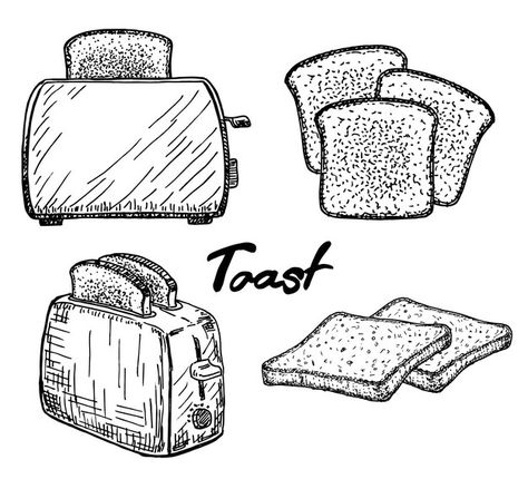 Toaster Sketch, Sandwich Sketch, Toaster Drawing, Toast Drawing, Electric Toaster, Cooking Breakfast, Bread Sandwich, Kitchen Logo, Sandwich Toaster