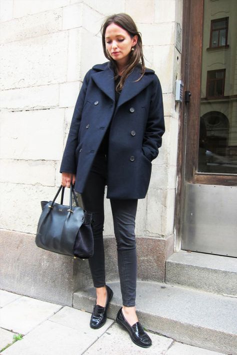 Your navy peacoat: "Surprise, b*tch."  Shop this look: Street Level Faux Leather Tote, $44;  Tod's Patent Leather Loafers, $125;  Edun Felt Peacoat-Blue, $419 Columbine Smile Peacoat Outfit, Navy Peacoat, Navy Coat, Monochrome Outfit, Blogger Outfits, Coat Outfits, Pea Coat, Fashion Today, Street Style Looks