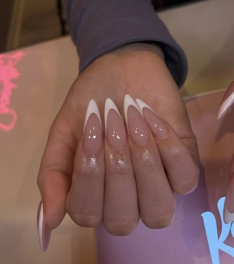 Woman’s Tattoo Placement, Long Round Acrylic Nails Classy, Almond Nails Deep French, Sculpted Almond Nails, Gelx Apres Nails French Tip, French Tip Pointy Almond Nails, French Tip Stelito Nails, Almond Stilleto French Nails, Almond French Chrome Nails