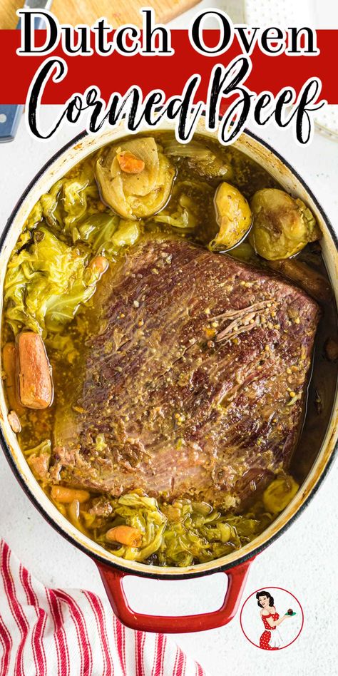 This baked Dutch oven corned beef and cabbage recipe is an easy one pot dinner. It's a hearty family meal that's good all year long. Don't wait for St. Patrick's Day to make it! Baked Cornbeef And Cabbage, Braised Corned Beef And Cabbage, Oven Corned Beef, Dutch Oven Corned Beef, Recipe Dutch Oven, Corned Beef And Cabbage Recipe, Baked Corned Beef, Beef And Cabbage Recipe, Corned Beef And Cabbage