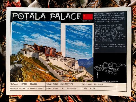 8th Plate in History of Architecture 3. Gouache rendering Architectural Plates Drawing, Architectural Plates Hoa, Concept Board Architecture Manual, Architect Plates Drawing, History Of Architecture Plates Layout, Architecture Plates Layout, History Of Architecture Plates, Architecture Plates, Potala Palace Tibet