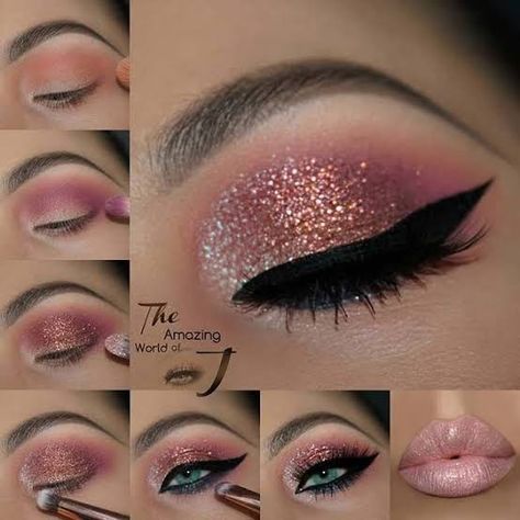 Pink Eye Makeup Tutorial, Sparkle Eye Makeup, Eye Makeup Orange, Eye Makeup Red, Step By Step Eye Makeup, Eye Makeup Simple, Eye Makeup Glitter, Makeup Orange, Nye Makeup