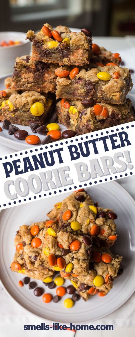 Reese Peanut Butter Bars, Recees Pieces Desserts, Reese Pieces Recipes, Peanut Butter Chip Bars, Reeses Cookie Bars, Reese Pieces Dessert, Reeses Pieces Dessert Recipes, Potluck Ideas Dessert, Reese’s Bars