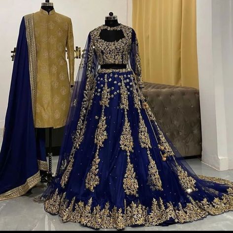 Blue Bridal Lehenga Pakistani, Royal Blue Pakistani Bridal Dress, Navy Blue Lengha, Couple Dressing, Royal Blue Lehenga, Couple Dresses, Baju Kahwin, Indian Bridesmaid Dresses, Red Bridal Dress