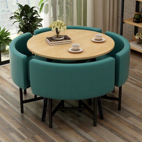 39.4" Round Wooden Small Dining Table Set 4 Upholstered Chairs for Breakfast Nook Balcony Blue Upholstered Chair, Office Table And Chairs, Small Dining Table Set, 4 Seater Dining Table, Round Dining Table Sets, Set Meja Makan, Feature Chair, Small Dining Table, Matching Chairs