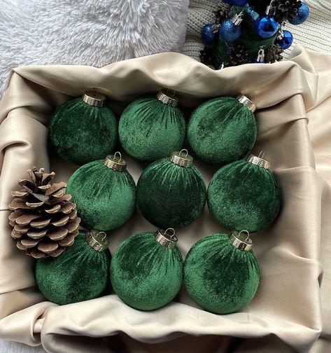 Handmade Green Velvet Christmas Balls: Exquisite Ornaments for a Luxurious Holiday! + as a gift hooks for christmas tree Elevate your holiday decor with our Handmade Velvet Christmas Balls, a truly exquisite addition to your festive celebrations. Crafted with love and attention to detail, these stunning ornaments are the perfect blend of timeless elegance and holiday cheer. These luxurious ornaments are more than just decorations; they are a symbol of the care and thoughtfulness that go into mak Green Velvet Christmas Ornaments, Velvet Christmas Tree Decorations, Velvet Christmas Tree, Green Ornaments, Fancy Christmas Ornaments, Velvet Christmas, Ball Decorations, Decorative Hooks, Ornaments Christmas