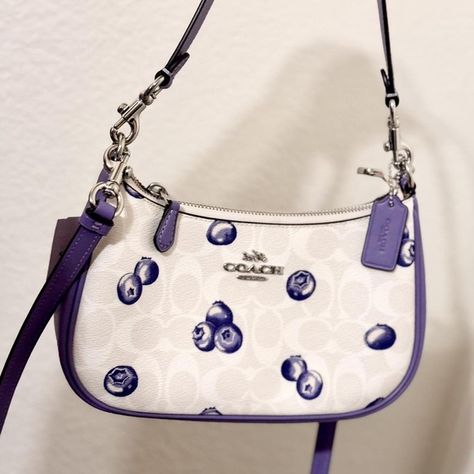 NWT Coach Teri Shoulder Bag In Signature Canvas With Blueberry Print Coach Teri Shoulder Bag, Blueberry Print, Signature Canvas, Coach Handbags, Coach Bags, Smooth Leather, Card Slots, Slots, Dust Bag