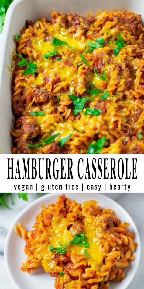 This Hamburger Casserole is an instant hit that whole family will enjoy even pickiest kids. An easy meal which is ready in 25 minutes and no one can tell it is vegan. #vegan #dairyfree #vegetarian #dinner #contentednesscooking #mealprep #lunch #hamburgercasserole Plant Based Casserole Recipes For Dinner, Vegan Casserole Recipes For Dinner, Family Friendly Vegetarian Dinners, Vegan Cheeseburger Casserole, Vegan Dinner Casserole, Casserole Vegan, Vegan Comfort Food Dinner, Vegan Casserole Recipes Plant Based, Vegan Pasta Casserole Recipes