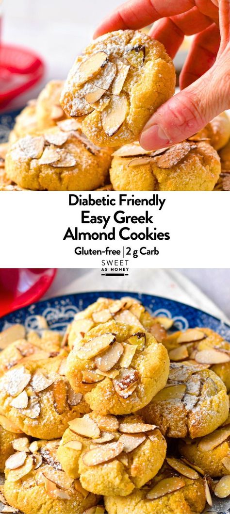 These Greek Almond Cookies are easy-to-melt-in-your-mouth almond flour cookies coated with crunchy, toasted sliced almonds.Plus, these are also naturally gluten-free with keto-friendly options. Gluten Free Almond Cookies, Low Sugar Dinners, Almond Flour Recipes Cookies, Almond Meal Cookies, Almond Flour Cookies, Baking With Almond Flour, No Flour Cookies, No Carb Recipes, Low Carb Low Sugar