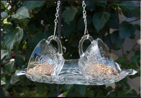 Birdfeeder Butterfly Feeders, Glassware Garden Art, Glass Bird Feeders, Glassware Crafts, Glass Yard Art, Hanging Bird Feeder, Feed The Birds, Tea Cup Bird Feeder, Garden Totems