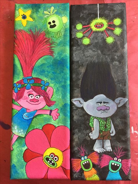 Princess Poppy and Branch paintings, from Trolls. Took me about 3-4 hrs a piece and about 2 days to finish both. Enjoy! Trolls Painting Canvas, Trolls Painting, Hug Time, Cartoon Paintings, Drawing 101, Scarecrow Festival, Branch Drawing, Princess Poppy, Poppy Drawing