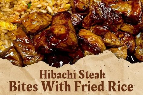 Hibachi Steak Bites With Fried Rice, Yay Recipes, Hibachi Fried Rice, Hibachi Steak, Meatloaf Cupcakes, Hibachi Recipes, Hibachi Chicken, Steak And Rice, Searing Meat