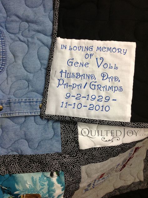 A memorial quilt made out of shirts, men's ties and work shirts. It is a sentimental way to honor a loved one who has died. Using their t-shirts, work shirts, vacation shirt and his ties. The embroidered label makes this sentimental quilt a great gift. Memorial Quilt, Red Pepper Quilts, Embroidered Labels, Memory Quilts, Tie Quilt, Tshirt Quilt, Memory Shirts, Keepsake Quilting, Memory Crafts