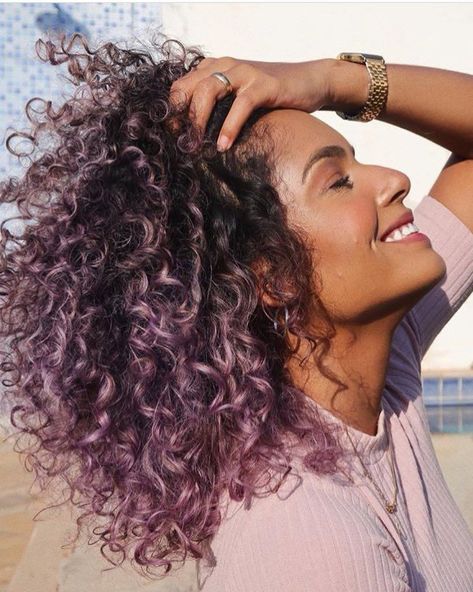 Curly Hair Lavender Highlights, Muted Purple Hair, Purple Curly Hair, Curly Purple Hair, Ombre Curly Hair, Curly Color, Dyed Curly Hair, Underneath Hair, Highlights Curly Hair