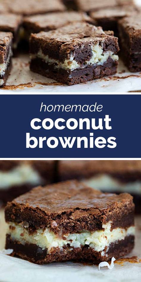 Fudgy, rich brownies with a coconut center? Yes, please! These Coconut Brownies are perfect for any coconut lovers! #recipe #brownies #dessert #coconut Almond Joy Cupcakes, Recipe Brownies, Dessert Coconut, Cake Like Brownies, Coconut Brownies, Coconut Desserts, Chocolate Bundt Cake, Homemade Brownies, Best Brownies