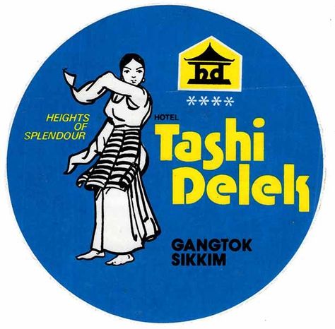 Luggage label, tourist, travel advertising, Tashi Delek, Gangtok Sikkim, Gangtok, Travel Advertising, Luggage Labels, Asia Travel, Travel Luggage, India, Hotel