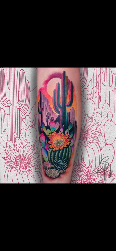 Colorful Desert Tattoo, Cactus Tattoo Cover Up, Cactus Watercolor Tattoo, Colorful Cactus Tattoo, Cacti And Succulents Tattoo, Cactus Flower Tattoo Desert Rose, Cactus Scene Tattoo, Arizona Sunset Tattoo, Cactus Arm Tattoo