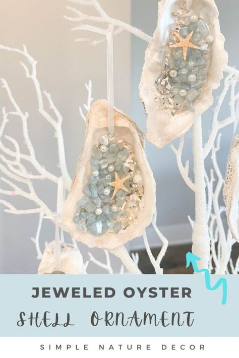 Ideas For Oyster Shells, Oyster Shell Xmas Decorations, Oyster Shell Ornaments Handmade, How To Make Oyster Shell Christmas Tree, Oyster Christmas Tree Diy, Seashell Angels Diy, Decorating Oyster Shells, Summer Ornaments Diy, Wedding Oyster Shells