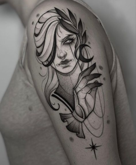 Nyx Tattoo, Traditional Tattoo Girls, Stippling Tattoo, Neo Tattoo, Girl Face Tattoo, Goddess Tattoo, Creepy Tattoos, Medusa Tattoo, Dark Art Tattoo