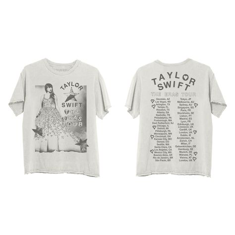 TAYLOR SWIFT THE ERAS TOUR PHOTO OVERSIZED T-SHIRT ($45). Beige oversized t-shirt featuring photo of Taylor Swift, star design, and "Taylor Swift The Eras Tour" printed on front with "Taylor Swift The Eras Tour", tour locations, and heart design printed on back. Oversized fit. 100% cotton Taylor Swift Shirt Design, Taylor Swifr, Photo Of Taylor Swift, 2025 Wishlist, Taylor Swift Shirt, Eras Tour Merch, Taylor Merch, Taylor Core, Photos Of Taylor Swift