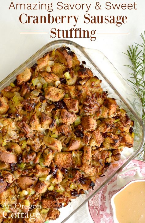 Our family's holiday favorite, Sausage Cranberry Stuffing Dressing, is made with fresh bread and has the perfect sweet-savory balance that is to die for. Sausage Cranberry Stuffing, Cranberry Sausage Stuffing, Cranberry Sausage, Cranberry Dressing, Stuffing Sausage, Dressing Stuffing, Cranberry Stuffing, Stuffing Thanksgiving, Dressing Recipes Thanksgiving