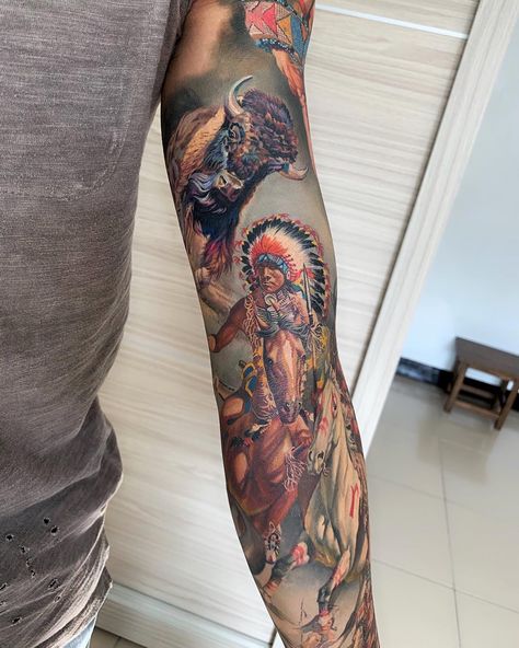 Instagram post by Quang Phạm • Dec 1, 2018 at 4:38pm UTC Old Style Tattoos, Native American Tattoo Designs, Tattoo Off, Body Tattoo Design, Cowgirl Tattoos, Cool Half Sleeve Tattoos, Cowboy Tattoos, Tattoos To Cover Scars, Country Tattoos