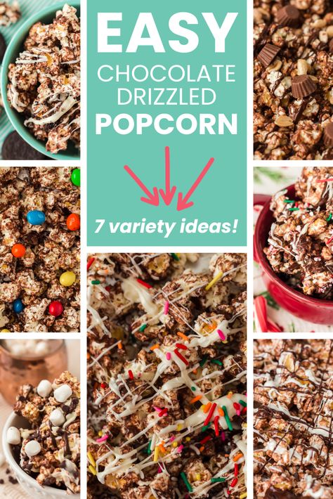 EASY Chocolate Drizzled Popcorn (7 variety ideas!) - The American Patriette Drizzled Popcorn, Popcorn Recipes Chocolate, White Chocolate Christmas, Chocolate Drizzled Popcorn, Peppermint Popcorn, White Almond Bark, Christmas Popcorn, Popcorn Snacks, Popcorn Recipe