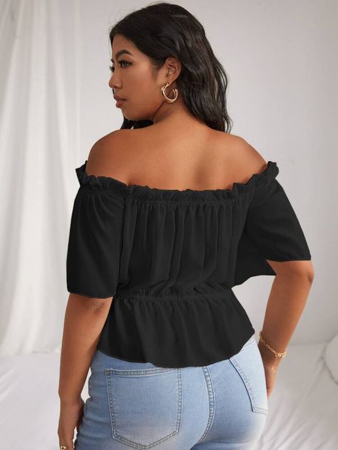 Plus Ruffle Hem Bardot Blouse | SHEIN USA Bardot Blouse, Applique Blouse, Plus Size Summer Tops, Lantern Sleeved Blouses, Butterfly Sleeves, Floral Print Tops, Plus Size Blouses, Lantern Sleeves, Summer Tops