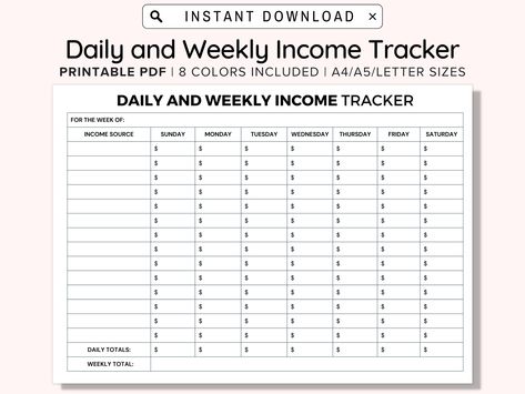 Printable Daily and Weekly Income Tracker, Income Tracker Printable, Small Business, Earnings Worksheet PDF Undated Blank, A4/A5/Letter Server Income Tracker, Business Tracker, Accounting Basics, Income Tracker, Restaurant Aesthetic, Work Sheet, Business Printables, Saving Strategies, Weekly Budget