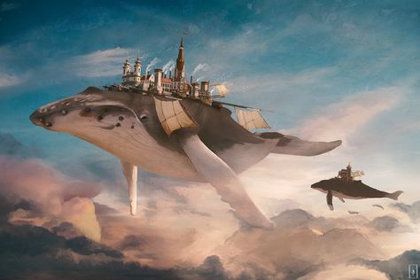 Floating Islands Fantasy Art, Gregory Fromenteau, Sky Whale, Flying Whale, Giant Sea Turtle, Steampunk Airship, Whale Illustration, Robot Animal, Giant Animals