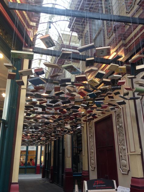 Hanging books. The City, London UK Book Chandelier, Hanging Books, Book Installation, Illusion Photos, Book Centerpieces, Book Art Sculptures, Library Book Displays, Fantasy Furniture, Bookstore Cafe