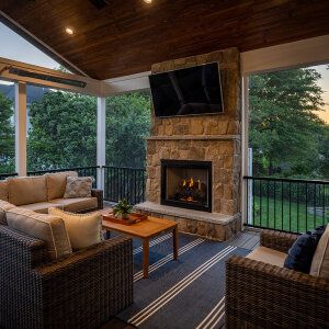 Cozy Screened In Porch, Deck With Fireplace, Cozy Fall Porch, 4 Bedroom Modern Farmhouse, Stone Veneer Fireplace, Deck Fireplace, Four Seasons Room, Enclosed Patio, Luxury Cabin