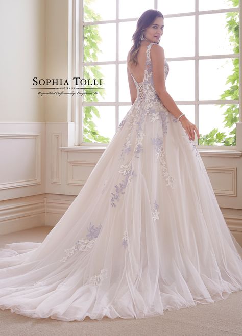 Plunging Neckline Wedding Dress, Sophia Tolli Wedding Dresses, Colored Wedding Gowns, Purple Wedding Dress, Sophia Tolli, Evening Dress Collection, Cocktail Dress Wedding, Blue Evening Dresses, Lace Wedding Dress