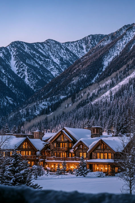 A luxurious mountain lodge nestled in a snowy landscape with the majestic Rocky Mountains in the background, one of the best places to stay in Colorado. Vail Village Colorado Winter, Colorado Christmas Vacation, Vail Colorado Aesthetic, Aspen Colorado Aesthetic, Winter Vacation Aesthetic, Keystone Colorado Winter, Where To Stay In Colorado, Vale Colorado, Colorado Winter Vacation