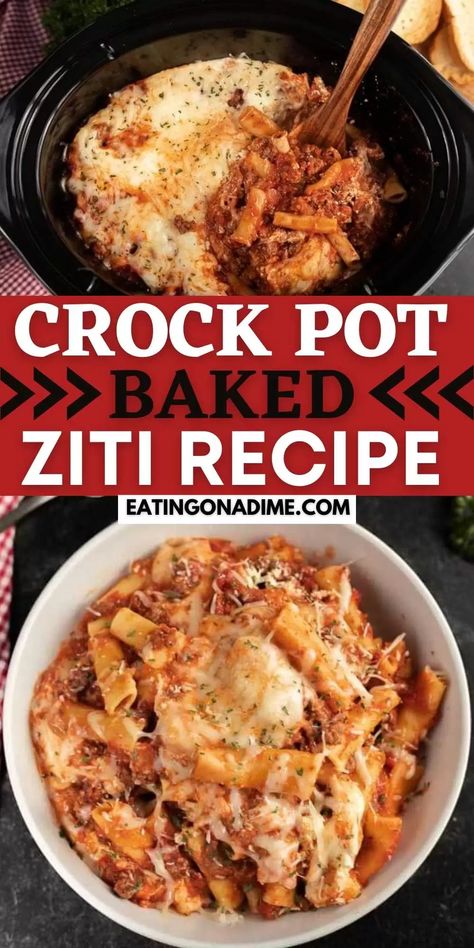 Slow cooker baked ziti recipe is a cheesy and delicious one pot meal perfect for busy nights. Enjoy a great meal with very little work. You are going to love this slow cooker baked zit with ground beef recipe. This is the best comfort food. #eatingonadime #crockpotrecipes #slowcookerrecipes #beefrecipes #pastarecipes Easy Crockpot Meals For Party, Amazing Crock Pot Recipes, Crock Pot Entrees, Fall Crockpot Meals For A Crowd, Fall Comfort Food Recipes Crock Pots, Crowd Pleaser Crockpot Meals, Cro K Pot Recipes, Dinner For A Crowd Crockpot, Easy Fall Family Dinner Ideas