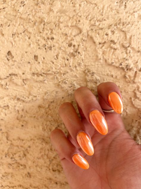 Orange And Silver Chrome Nails, Almond Nail Tip Color, Chrome Nails Summer 2023, Neon Orange Nails With Chrome, Orang Chrome Nails, Orange Nails Hoco, Orange Hoop Earrings, Summer Chrome Nails Colors, Tangerine Chrome Nails