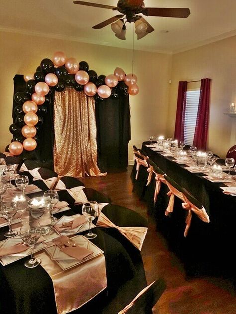 Rose Gold Black And Silver Party Decorations, Black Pink Gold Party, Black And Rose Gold Party Ideas, Rose Gold And Black Sweet 16, Black And Pink Table Setting, Black And Rose Gold Party Decorations, Black Rose Gold Party, Rose Gold And Black Wedding Theme, Rose Gold And Black Party Theme