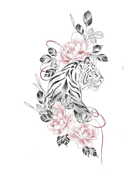 Spine Coverup Tattoos For Women, Girly Tattoos Shoulder, Name Cover Up Tattoos For Women Hip, Leopard With Flowers Tattoo, Lion Back Tattoo Women, Tiger And Flower Tattoo, Floral Tiger Tattoo, Tiger With Flowers Tattoo, Tigres Tattoo