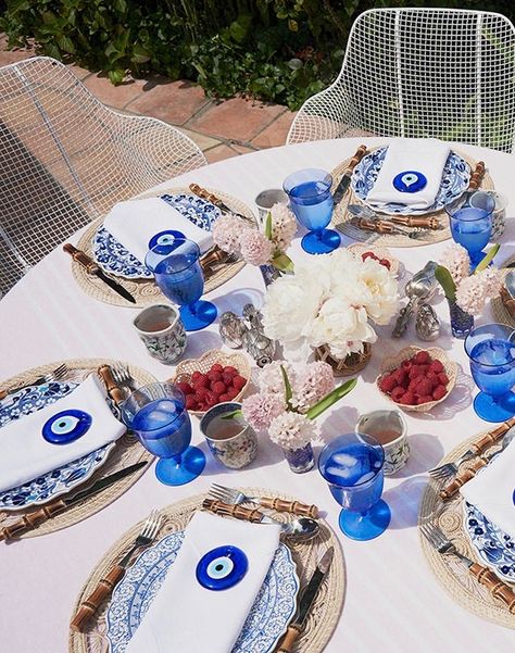 Entertaining with Rebecca de Ravenel Something Blue Dinner Party, Evil Eye Bridal Shower Theme, Greek Dinner Party, Mamma Mia Wedding, Greek Party, Event Planning Guide, Greek Dinners, Bamboo Flatware, Rebecca De Ravenel