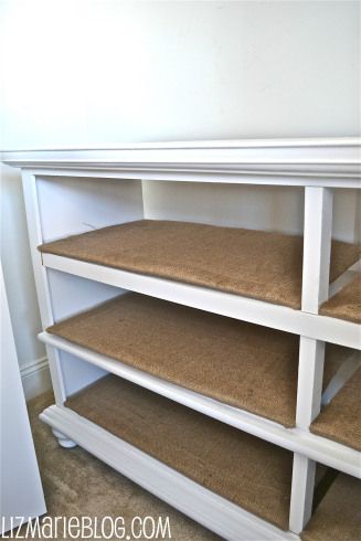 Remove tracking, add fabric covered boards, insert into drawer space Dresser To Shelves, Cover Shelves, Dresser Shelves, Storage Dresser, Farmhouse Front, Dresser Makeover, Old Dressers, Redo Furniture, Repurposed Furniture