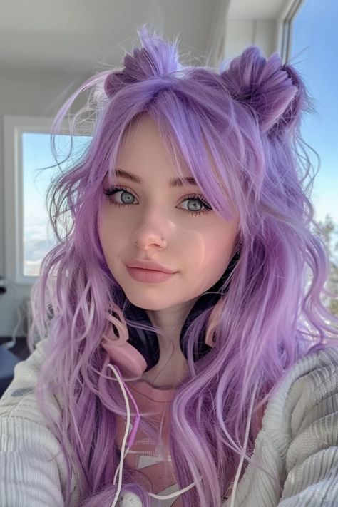 Woman with purple wavy hair styled in half-up buns, wearing headphones, and a white sweater, with a soft smile and clear blue eyes. Cute Colorful Hair Ideas, Hair For Pride, Purple Rave Hair, Long Lilac Hair, Cool Color Hair Ideas, Hair Inspo Color Long, Festival Hair Bangs, Festival Hair With Bangs, Colored Braids Hairstyles