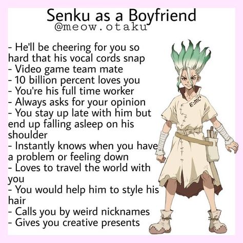 Boyfriend Headcanons, Senku Ishigami, Types Of Boyfriends, Japanese Animated Movies, Stone World, Ideal Boyfriend, Seven Deadly Sins Anime, E Mc2, Art Tools Drawing