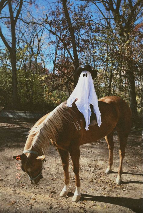 Cowboy Ghost Photoshoot, Ghost Cowboy Costume, Cowboy Ghost Costume, Western Halloween Photoshoot, Cowboy Halloween Aesthetic, Western Halloween Aesthetic, Horse Ghost Costume, Halloween Horse Wallpaper, Horse Halloween Photoshoot