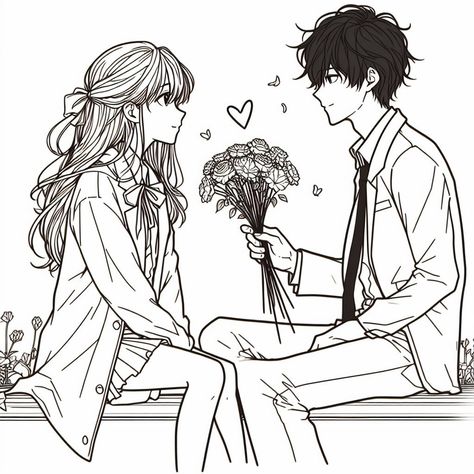 Anime Couple Sketch, Line Art Couple Aesthetic, Cute Anime Couple Coloring Pages, Cute Anime Lineart Couple, Ldrs Anime Couple Photo, Classic Anime Style Couple, Couple Sketch, Cute Sketches, My Kind Of Love