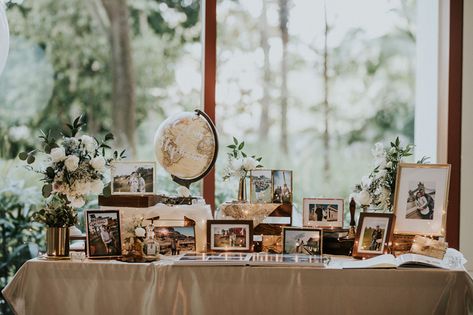 Travel Wedding Decorations, Travel Theme Reception, Wedding Photo Table Display Receptions, Wedding Welcome Table Decor, Wedding Registration Table, Wedding Entrance Table, Capella Singapore, Wedding Photo Album Layout, Wedding Photo Table