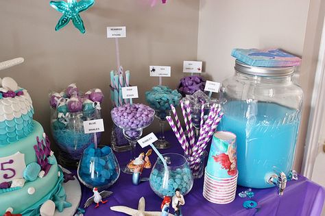 Sea Candy Bar, The Little Mermaid Birthday Party, Birthday Party Under The Sea, Mermaid Themed Birthday Party, Little Mermaid Birthday Party, Mermaid Pool Parties, Ariel Birthday Party, The Little Mermaid Party, Ariel Birthday